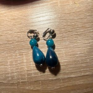 blue and silver clip on dangly earrings